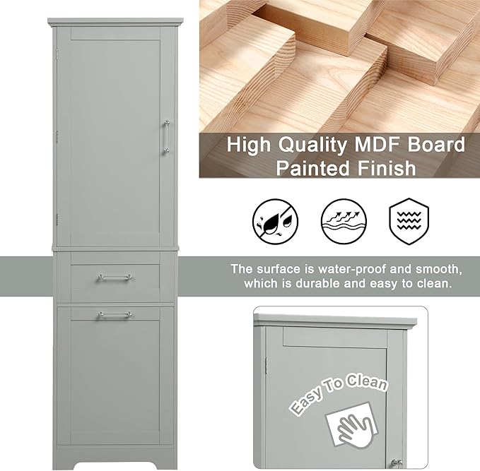 Bathroom Cabinet with Drawers and Doors, Tall Storage Display Organizer, Kitchen Pantry, Grey