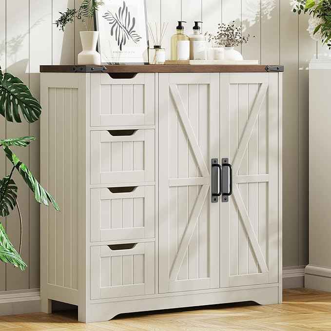 Vabches Farmhouse Bathroom Cabinet, Freestanding Storage Cabinet with 4 Drawers and 2 Doors, Rustic Storage Organizer with Adjustable Shelf for Bathroom, Living Room, Entryway, White