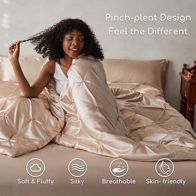 MR&HM Satin Comforter California King 7 Pieces Champagne - Luxurious Pinch Pleat Bedding Set with Comforter, Flat Sheet, Fitted Sheet, Pillowcases & Shams, Super Silky Soft Bed Set for All Season
