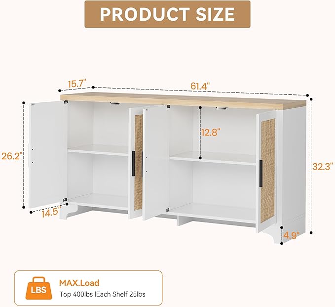 Garvee Natural Rattan Storage Cabinet with Shelves, 4-Door Sideboard Buffet Cabinet, Boho TV Stand Console Table for Living Room, Entryway, Dinning Room