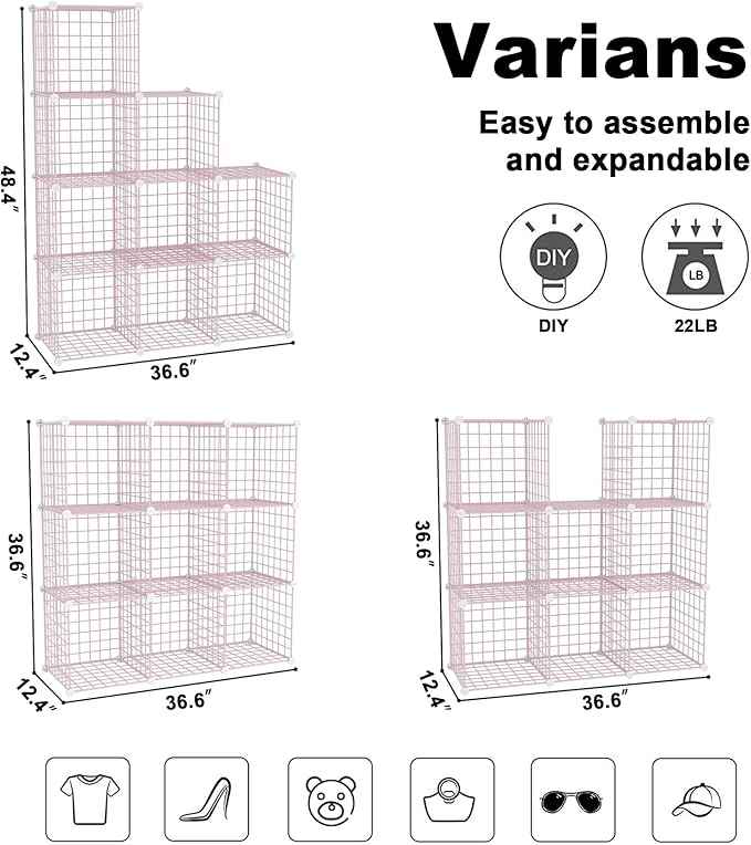 C&AHOME Wire Cube Storage, 9 - Cube Organizer Metal C Grids, Modular Shelves Units, Closet Organizer, Ideal for Home, Office, Living Room, 36.6”L x 12.4”W x 48.4”H, Pink UWCS3009P
