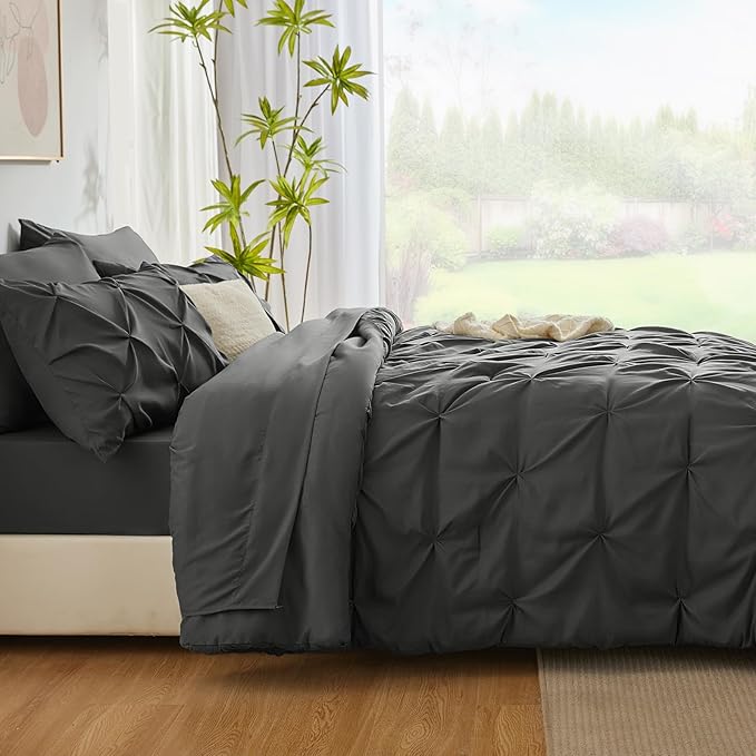 CozyLux Twin XL Comforter Set Dark Grey, 5 Pieces Twin Extra Long Pintuck Bed in A Bag for College Dorm, Pinch Pleat Bedding Set with Comforter, Sheets, Pillowcase & Sham