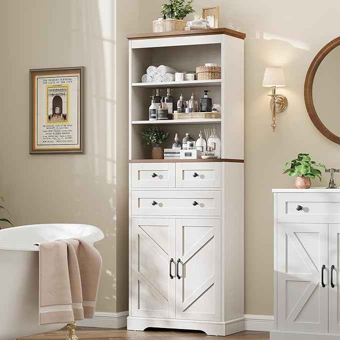 Vabches 70" Tall Bathroom Storage Cabinet, Farmhouse Bathroom Cabinet with 3 Drawers, Adjustable Shelves & Doors, 3 Tier Wood Cabinets for Bathroom, Living Room, Rustic White