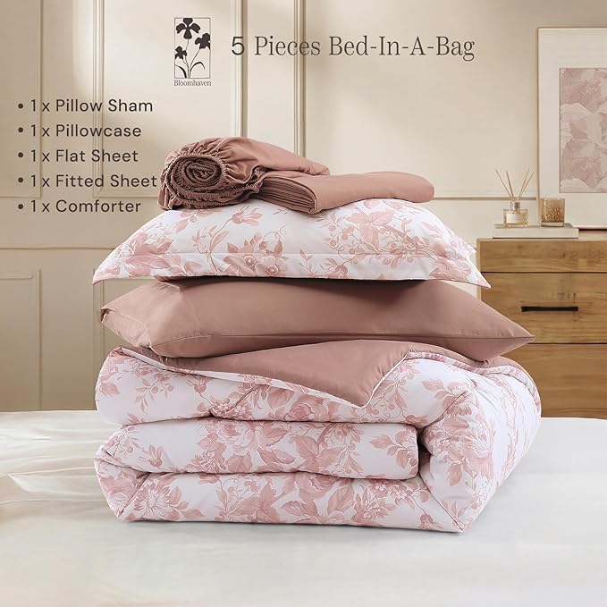 Twin XL Comforter Set -5 Pieces Floral Rose Bedding Set for All Seasons, Bed in a Bag with Botanical Flowers Comforter, Sheets, Pillowcase & Sham