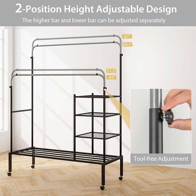 Tangkula Rolling Double Rods Garment Rack, Clothes Drying Rack with Height Adjustable Hanging Bars, Storage Shelves & Lockable Wheels, Heavy-duty Steel Clothing Rack for Indoor & Outdoor Use (Silver)