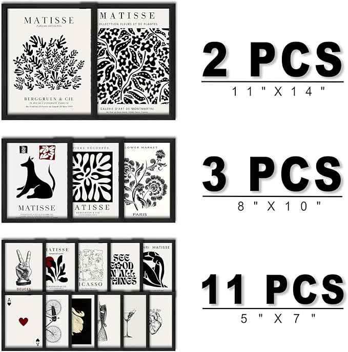 16 PCS Framed Black and White Wall Art Decor, Matisse Abstract Wall Prints for Bedroom, Gallery Wall Frame Set, Minimalist Posters for Living Room Aesthetic, Collage Kit, Dorm Home Artwork