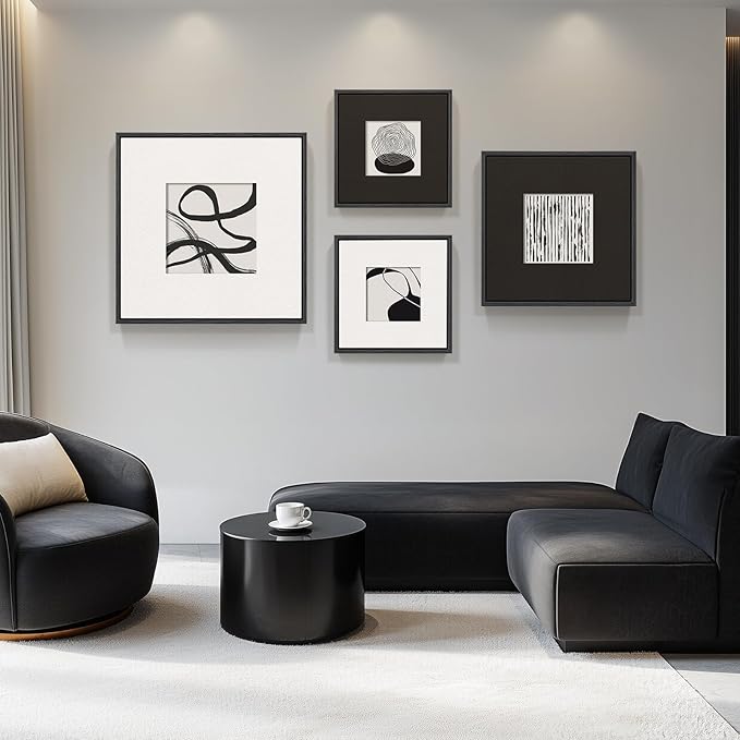 Framed 3D Textured Black and White Abstract Wall Art for Living Room, 4 Piece Modern Paintings Artwork for Walls, Black White Minimalist Pictures for Bedroom Dining Room Hallway Home Office Wall Decor