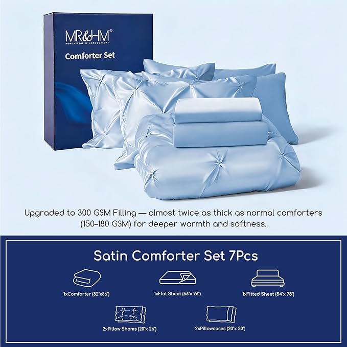 MR&HM Satin Comforter Full 7 Pieces - Luxurious Pinch Pleat Bedding Set with Comforter, Flat Sheet, Fitted Sheet, Pillowcases & Shams, Super Silky Soft Bed Set for All Season (Full, Light Blue)