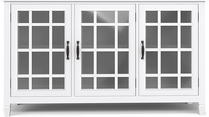 SIMPLIHOME Connaught Storage Cabinet - 60 inch Wide Solid Wood Buffet in White, Traditional Sideboard for Dining Room, Entryway, or Living Room with Glass Doors, Adjustable Shelves, and Notched Legs