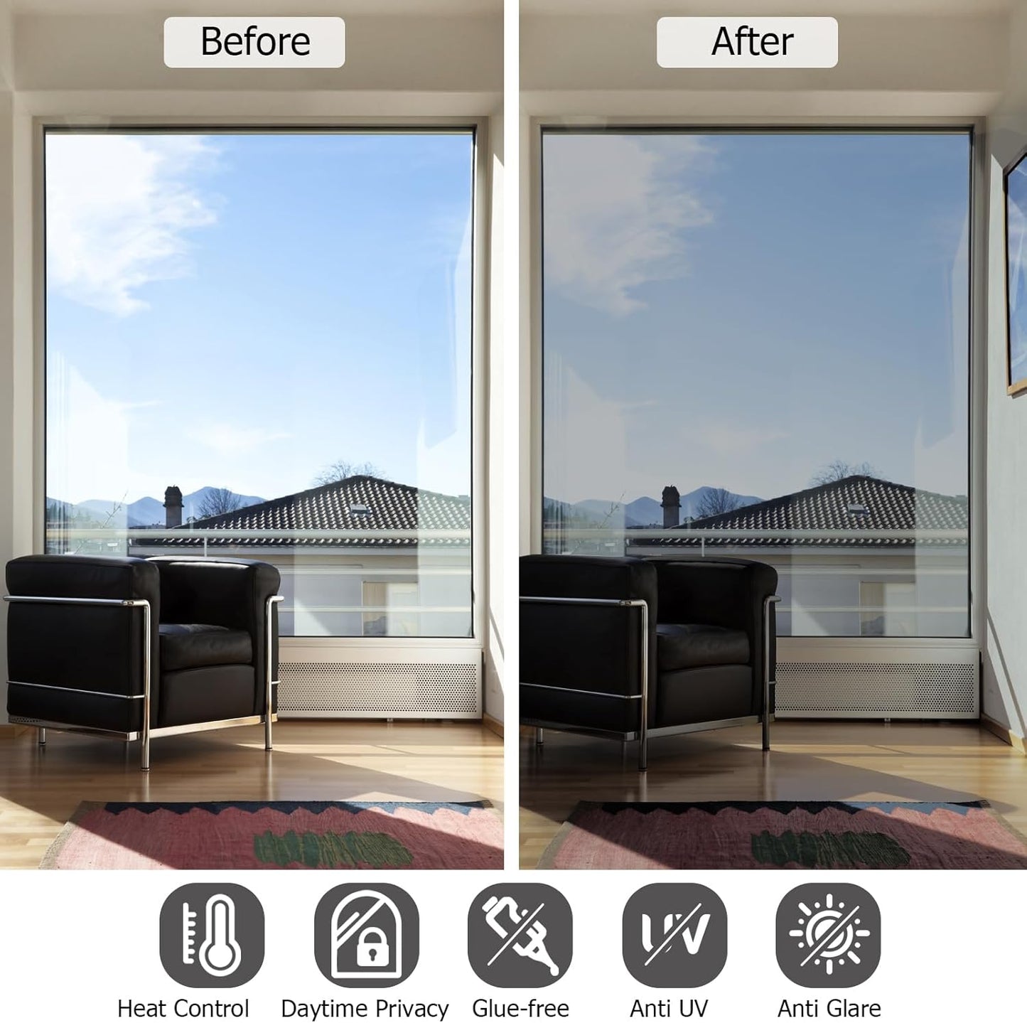HIDBEA One Way Privacy Window Film, Daytime Privacy Sun Blocking Anti UV Reflective Window Film Heat Control Static Cling Window Tint Film for Home and Office, Silver, 23.6 x 157.5 Inch