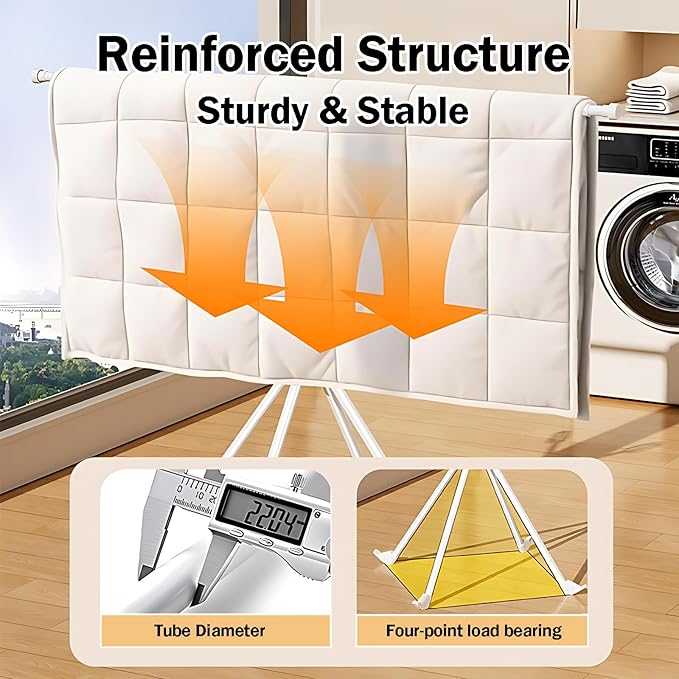 Upgrade 4-Legged Clothes Drying Rack with 4 Telescopic Rods and 4 Shoe Rods, Collapsible Drying Racks for Indoor Outdoor Use, Space-Saving Laundry Drying Rack (White)