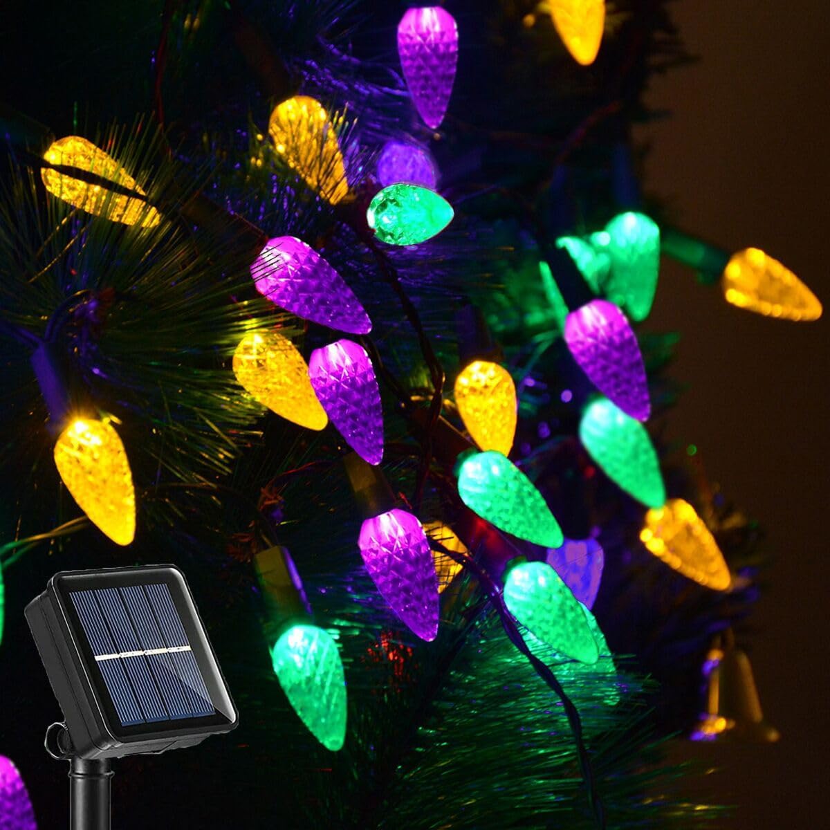 Solar Halloween Lights Christmas Lights C6 Strawberry String Lights Mardi Gras String Lights, 50 LED 8 Modes Waterproof Outdoor Use for Mardi Gras Christmas Tree Camping Balcony Halloween Party Decor