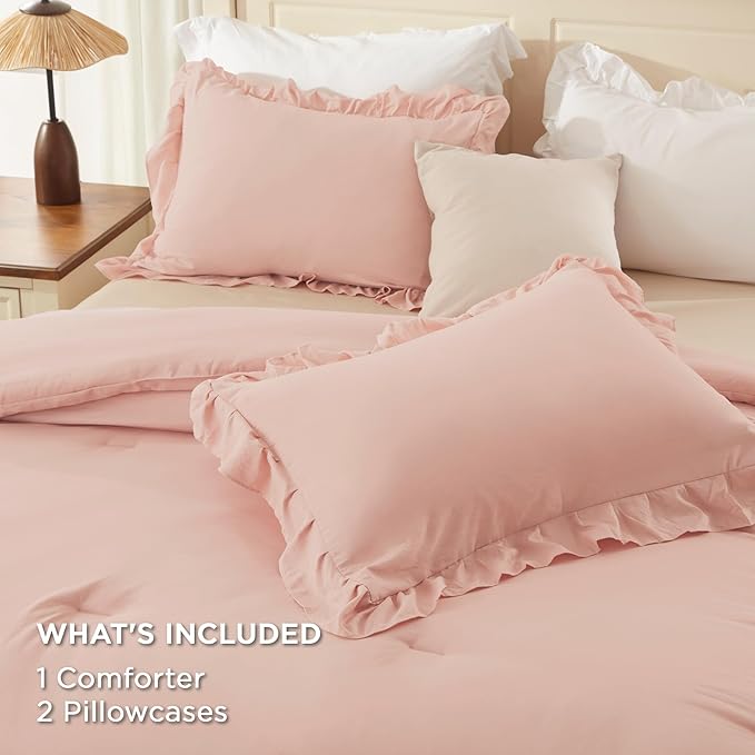Andency Blush King Comforter Set(104x90Inch), 3 Pieces Farmhouse Shabby Chic Ruffle Bedding Comforter Sets, Lightweight Fluffy All Season Soft Microfiber Bed Set