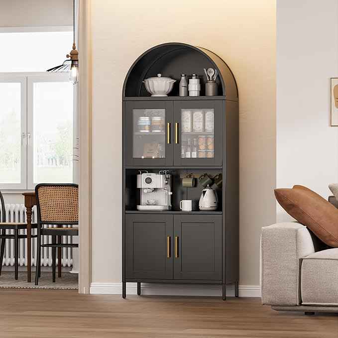 Metal Arched Cabinet with Glass Doors, Tall Arch Display Bookshelf, Kitchen Pantry Cabinet for Home Office,Required Assembly(Black)