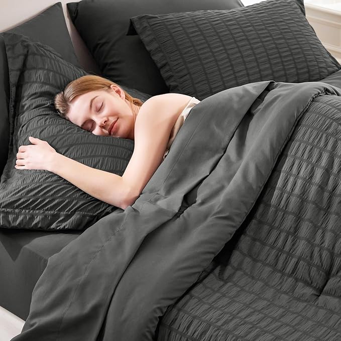 CozyLux Oversized King Comforter Set Dark Grey Seersucker 7 Pieces 120x98 Bed in a Bag Comforter Set with Sheets, Luxury Soft Bedding Sets with Down Alternative Comforter, Sheets, Pillowcases & Shams