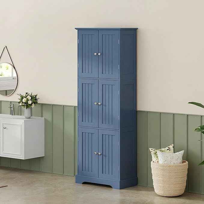 ChooChoo Tall Bathroom Storage Cabinet with 6 Doors, Freestanding Floor Cabinet with Adjustable Shelves, Blue Pantry Cabinet for Bathroom, Kitchen, Laundry Room