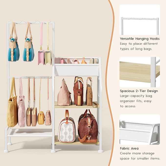 Purse Organizer for Women - 3-Tier Storage Stand & 12 Fixed Hooks, Visible Backpack Storage, Space-Saving Bag Organizer Rack for Home, Closet, White