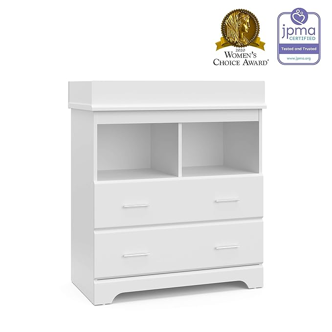 Storkcraft Brookside 2 Drawer Changing Table Dresser (White) – GREENGUARD Gold Certified Baby Dresser with Changing Table Top, Baby Changing Table Dresser, Includes Interlocking Drawer System