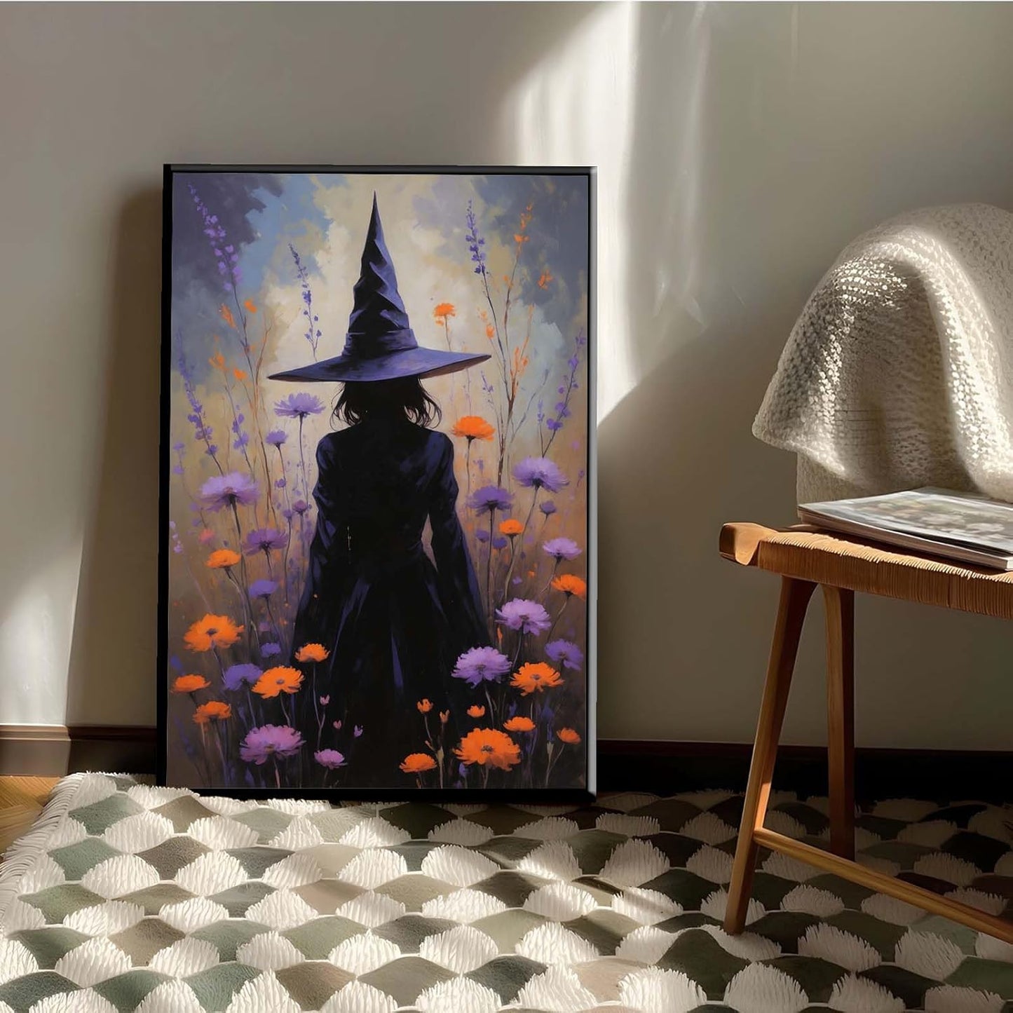 JFHCQJPK Country wildflower witch canvas print halloween mashup art witch purple decoration bohemian elegant art poster24x36in Metal blackFramed