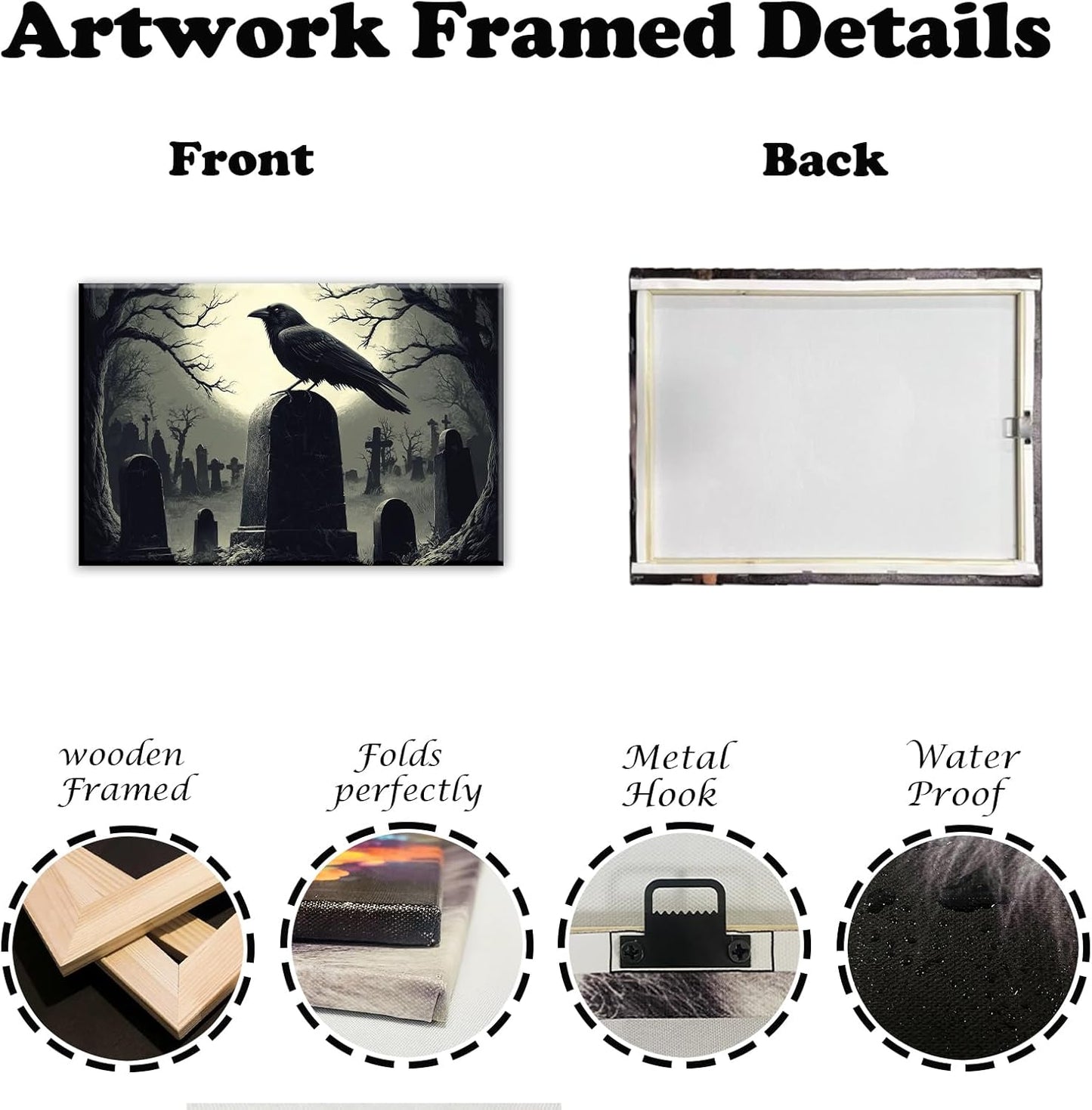 Crow Canvas Wall Art Gothic Black Bird On Branch Painting Print Spooky Forest Full Moon Scenery Poster Artwork Framed Halloween Home Decor(Artwork-3,12"x18")