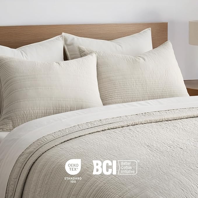 EVERGRACEHOME 100% Cotton Modern Lines Quilt Set King Size, Pre-Washed Soft Striped Coverlet Bedspread, 3 Piece Lightweight Bedding Set for All Season, with 2 Pillow Shams, Birch