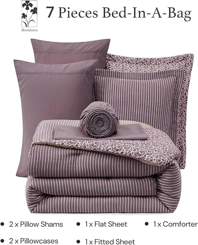 King Comforter Set - 7 Pieces Deep Purple Gauze Muslin Bedding Sets for All Seasons, Lightweight Breathable Bed in a Bag King with Revesible Farmhouse Comforter, Sheets, Pillowcases & Shams