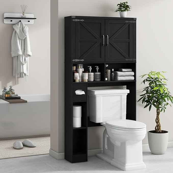 Vabches Over The Toilet Storage Cabinet, Farmhouse Storage Cabinet Over Toilet with 2 Barn Doors && Toilet Paper Holder Stand，Home Space-Saving Toilet Rack, for Laundry, Restroom, Bathroom.Pure Black