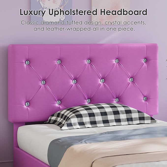 VECELO Twin Size Bed Frame with Storage Drawers, Leather Upholstered with Diamond Tufted Headboard, Solid Wood Slat Support, No Box Spring Needed, PU & Purple