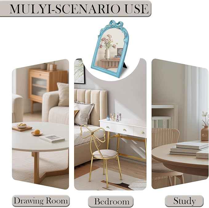 Blue Bow Mirror - 13x10 Inch Perfect Elegant Decorative Accent, Wall-Mounted Tabletop Makeup Mirror for Nursery Baby Room Bedroom Decor