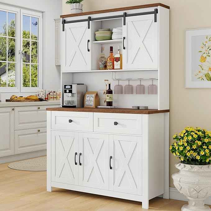 Vabches 67.7 Inch Farmhouse Pantry Storage Cabinet with Sliding Barn Doors, 2 Drawer Farmhouse Coffee Cabinet with Adjustable Shelf, Side Board with Buffet Cupboard for Kitchen, Livingroom, White