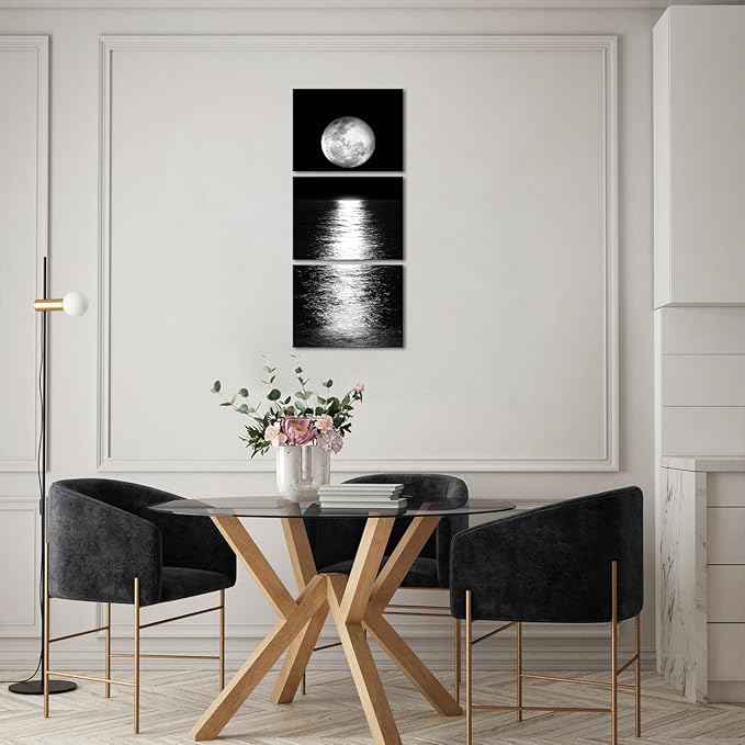 Artmyharbor Full Moon Phase Canvas Wall Art Vertical Black and White Picture Moon on Sea Print Modern Bedroom Decorations Cool Apartment Decor for Men