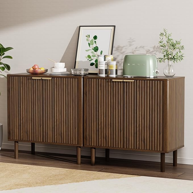 Sideboard Buffet Cabinet with Storage, Modern Fluted Accent Credenza with Doors & Adjustable Shelves, Wood Coffee Bar Console Table for Living Room, Dining Room, Entryway 31.5"(2pcs) Walnut