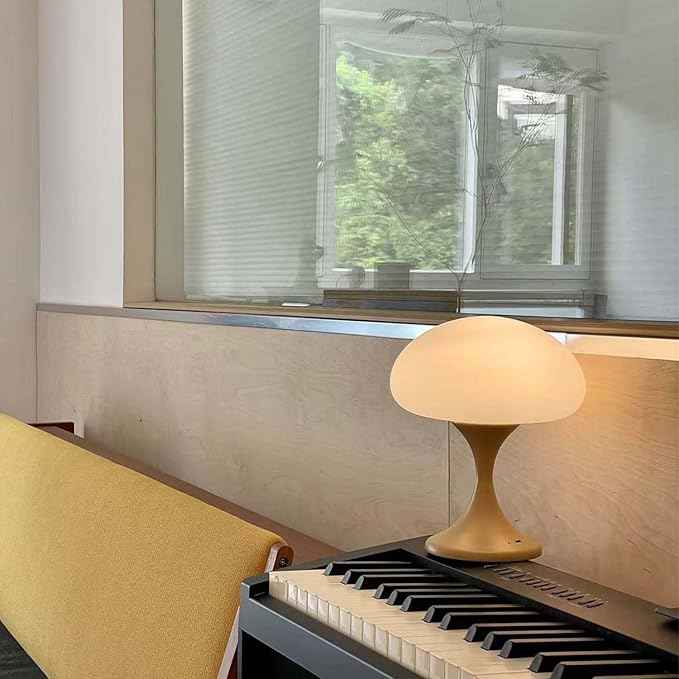 Mushroom Lamp, 5W LED Cordless Rechargeable Table Lamp with Glass Shade, Small Retro Dimmable Touch Light with 3 Color Temps, Aesthetic Mid Century Bedside Light for Bedroom Ambient, Mustard