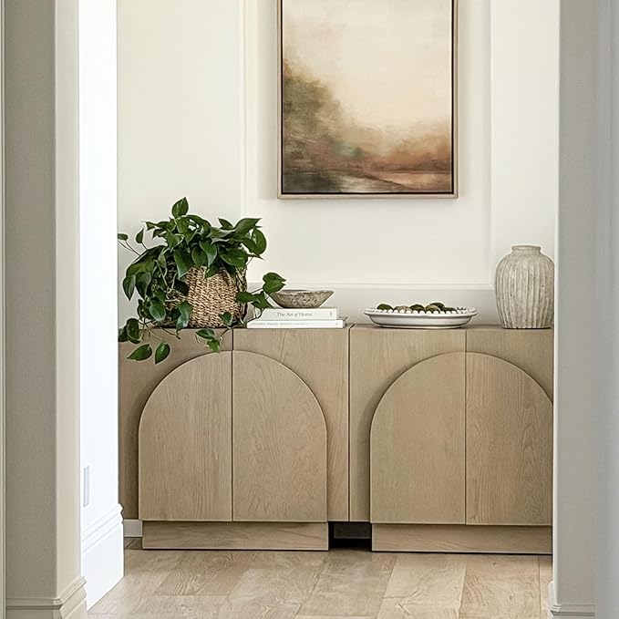 Nathan James Iris Mid-Century Modern Credenza, Light Brown TV Stand, Living Room Wood Storage Cabinet with Arched Cabinet Doors, White Oak, Set of 4