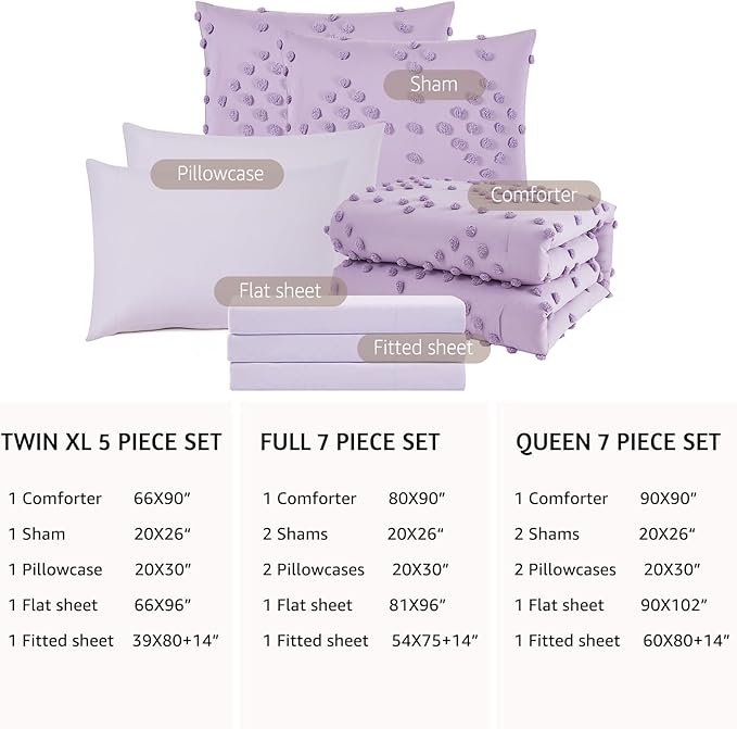 Geniospin Purple Queen Comforter Set for Girls- 7 Pieces Pom Tufted Bed in A Bag Queen Bedding Sets with Sheets, Pillowcases & Shams, All Season Kids Comforter Set