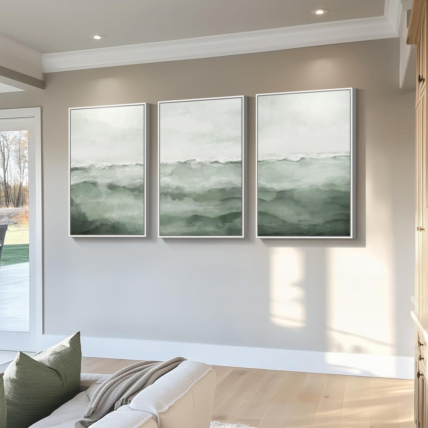 Large Framed Sage Green Abstract Landscape Wall Art for Living Room, 3 Piece Modern Canvas Prints Paintings Artwork for Walls, Minimalist Abstract Pictures for Hallway, Office Wall Decor 24x36 In