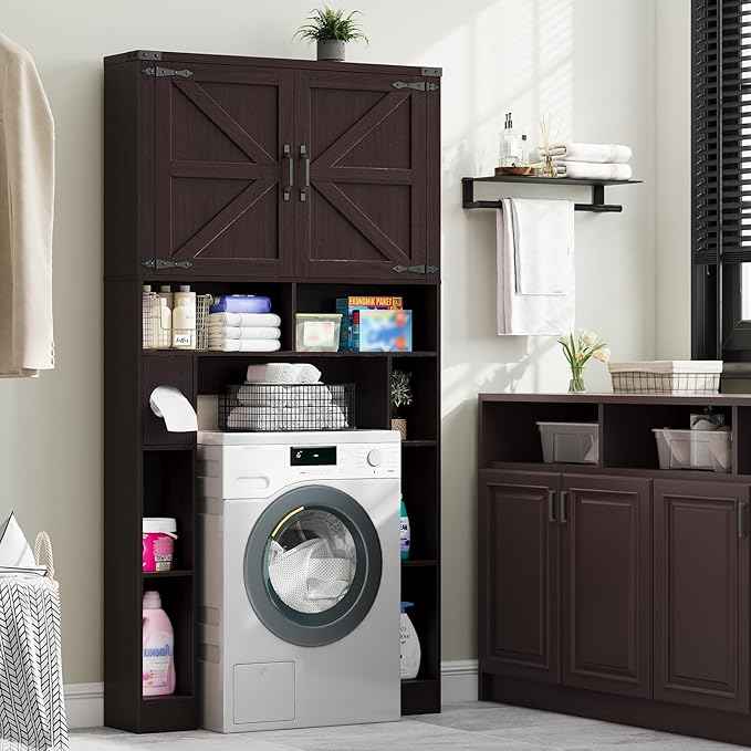 Vabches Over The Toilet Storage Cabinet, Farmhouse Storage Cabinet Over Toilet with 2 Barn Doors ，Toilet Paper Holder Stand，Home Space-Saving Toilet Rack, for Laundry, Restroom, Bathroom(Walnut)