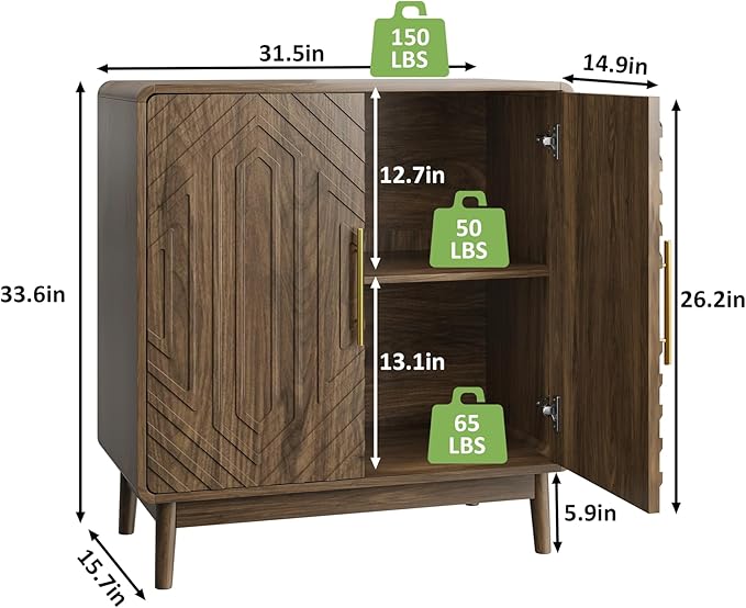 Ball & Cast 32" Modern Sideboard Cabinet with Storage, Carved 2-Door Buffet w/Adjustable Shelves & Solid Wood Legs, Credenza & Accent Cabinet for Living Room, Entryway, Kitchen,Dining Room,Walnut
