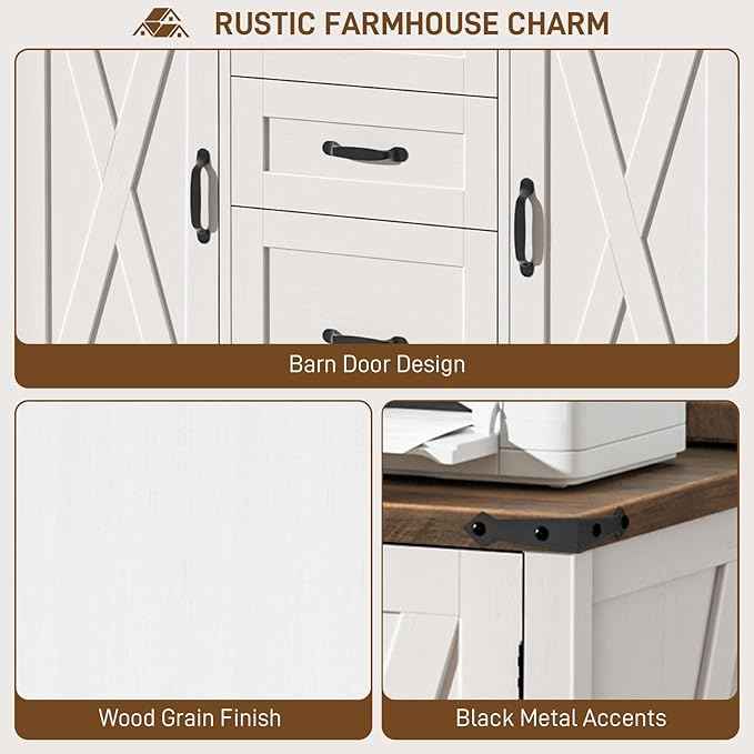 Vabches File Cabinet with 3 Drawers, Farmhouse Lateral File Cabinet Fits Files Letter/A4 Size, Wooden Filing Cabinet with Door and Adjustable Shelves Printer Stand for Home Office, Rustic White
