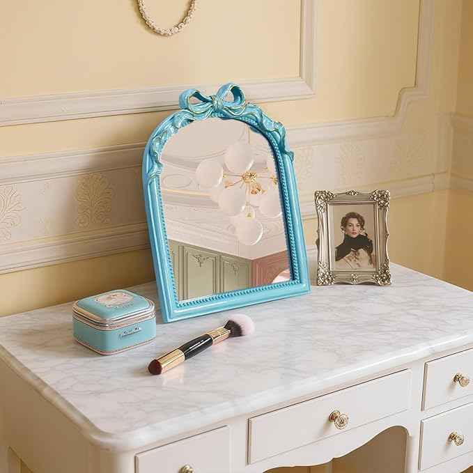 Blue Bow Mirror - 13x10 Inch Perfect Elegant Decorative Accent, Wall-Mounted Tabletop Makeup Mirror for Nursery Baby Room Bedroom Decor