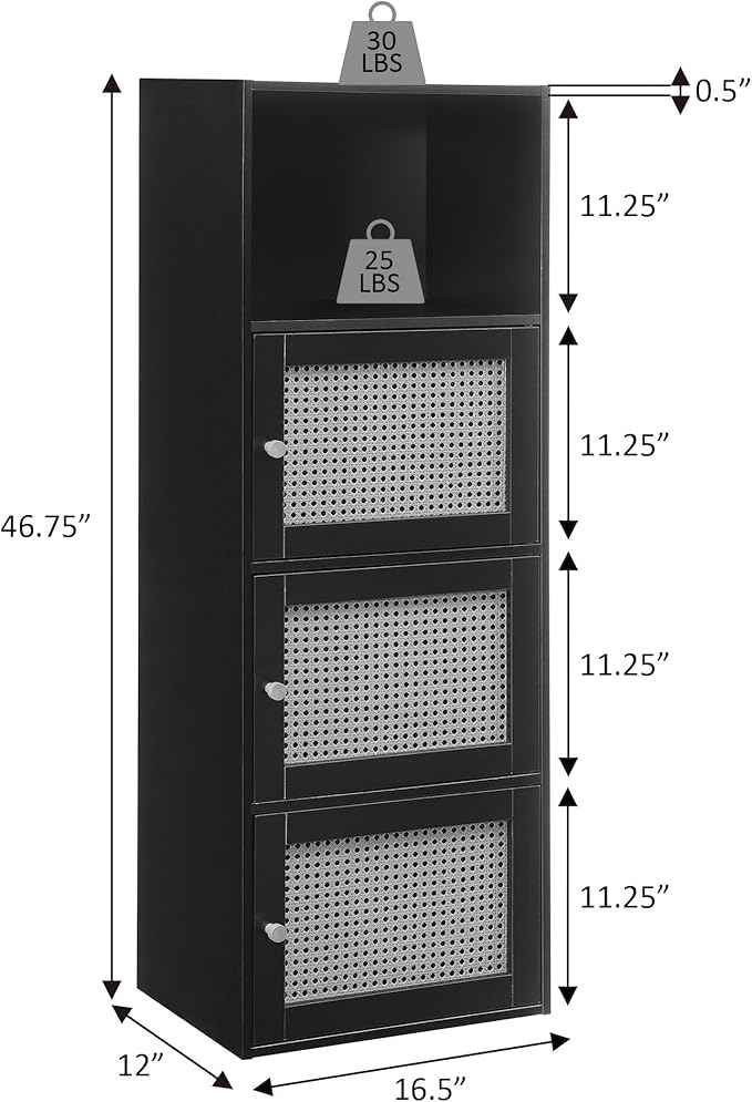 Convenience Concepts Xtra Storage Boho Weave 3 Door Cabinet 16.5" - Modern Rattan Organizer with Shelf for Living Room, Bathroom, Office, Home Library, Closet, Black/Beige Barley