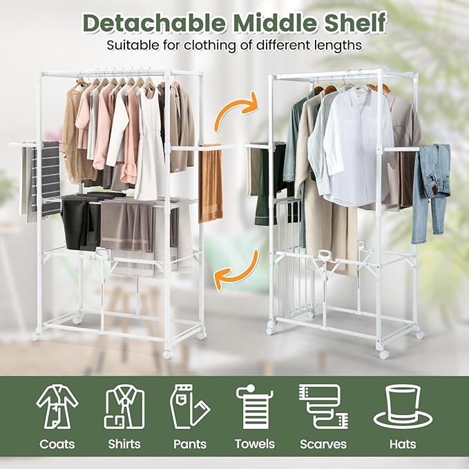 Tangkula Foldable Clothes Drying Rack, 68.5" Aluminum Laundry Rack with Hanging Rods & Drying Shelves, Universal Wheels with Brakes, Indoor Outdoor Garment Rack for Household Use (White)