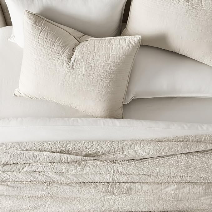 EVERGRACEHOME 100% Cotton Modern Lines Quilt Set King Size, Pre-Washed Soft Striped Coverlet Bedspread, 3 Piece Lightweight Bedding Set for All Season, with 2 Pillow Shams, Birch