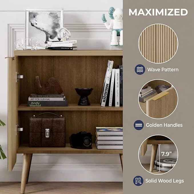 23.6" Modern Fluted Sideboard Cabinet with 2 Doors, Wood Storage Credenza with Shelves, Multi-Purpose Buffet Cabinet for Entryway, Dining & Living Room, Natural Wood