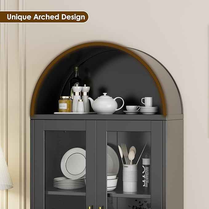 Metal Arched Cabinet with Lock,Arched Display Cabinet with Glass Doors and Shelves,Kitchen Pantry Cabinet for Dining Room, Home,Assembly Required (Black)