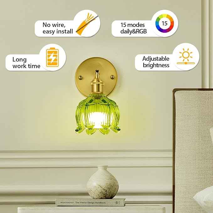 PASSICA DECOR Vintage Battery Operated Wall Sconces Set of 2 - Wireless Remote Control LED Wall Lights, Rechargeable USB-C, Dimmable 15 Colors, No Wiring, Green Glass Shade for Bedroom Kitchen Cafe