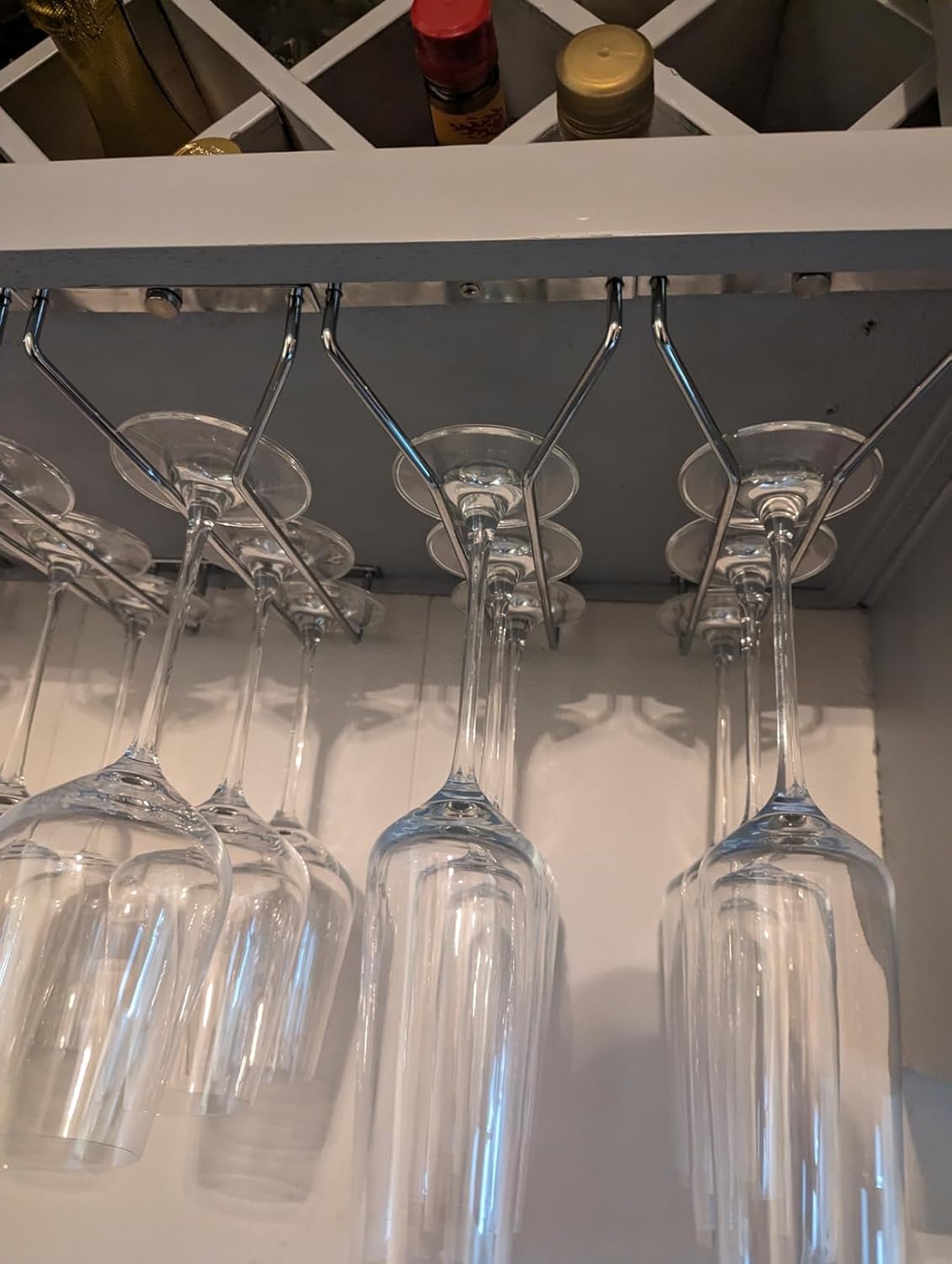 10.8 Inch Wine Glass Rack, Under Cabinet Wine Glass Holder, Wine Glass Hangers Under Shelf, Chrome Finish Stemware Rack, Hanging Stemware Holder for Cabinet Kitchen Bar, Set of 4