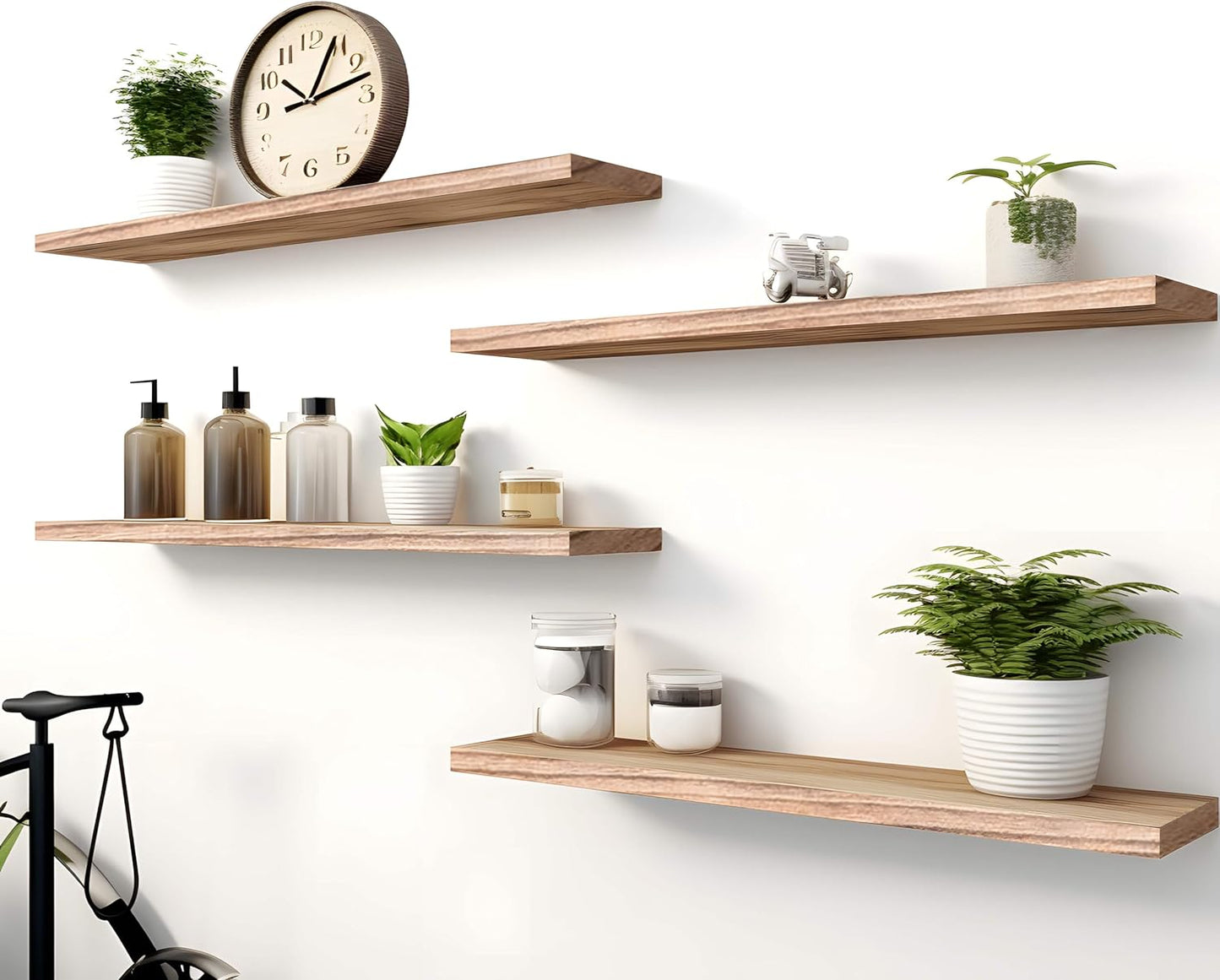 Wood Floating Shelves for Wall Decor, Rustic Wall Shelves for Bedroom Bathroom Kitchen Living Room, Set of 4 Light Walnut 24 Inch - Décor Diaries