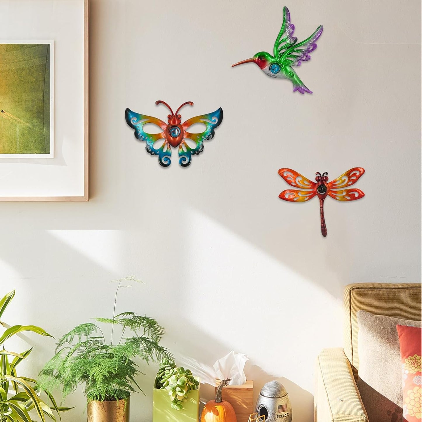 Hummingbird Butterfly Dragonfly Metal Wall Decor Outdoor Metal Wall Art Fence Decor Hanging Decorations for Garden Living Room Bedroom, Style 3