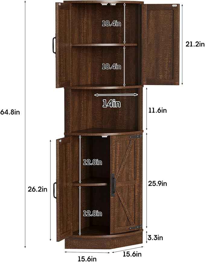 Vabches 64.8" Tall Farmhouse Corner Cabinet with 4 Doors and 5 Storage Shelves, Farmhouse Storage Cabinet with Barn Door Design, Home Space Saver for Living Room, Kitchen, Laundry Room,Brown